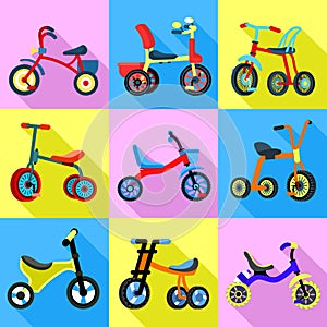 Tricycle icons set, flat style