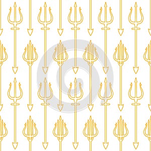 Trident, gold outline on white background. seamless pattern