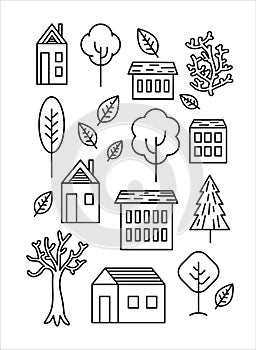 Tries and houses eco friendly line art illustrations