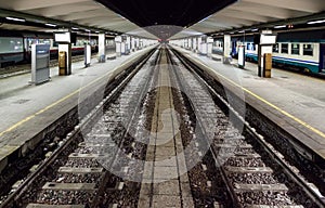 Trieste , ITALY - 02 January 2013 : Empty railway platform at night in the high-speed station in the city of Stazione Centrale Tri