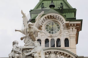 Trieste town hall clock and fountain of the four continents