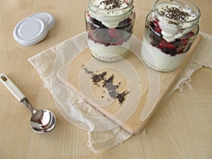 Trifle with strained yogurt, berries and chia seeds