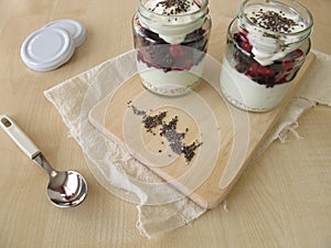 Trifle with strained yogurt, berries and chia seeds photo