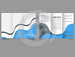 Trifold brochure with blue waves. lyer report template. lyer report template. Vector file.