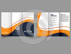 Trifold brochure with orange waves. Editable vector templates with design elements