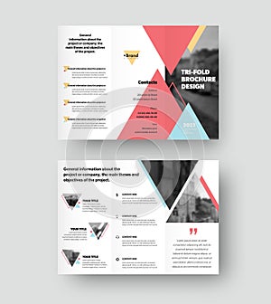 Trifold brochure vector template with triangular design, with place for photo, realistic shadows. Leflet for business concept,menu