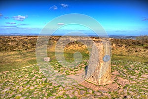 Trig point at Black Down the highest hill in the Mendip Hills Somerset in south-west England UK in colourful HDR