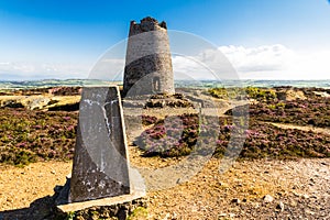 Trig point with derelict windmill, Parys Mountain.