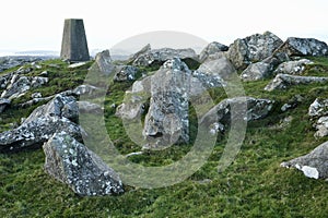 Trig Point Marker overlooking the North Wales Countryside and Ceredigion Bay.