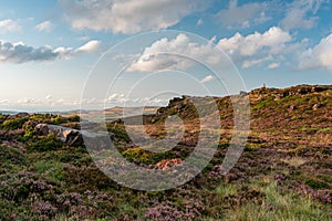 Trig point on top of The Roaches at sunset in the Peak District National Park