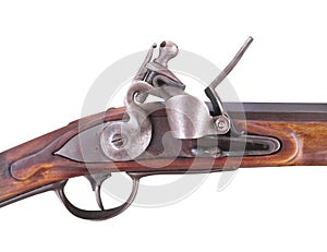 Trigger and lock of flintlock gun isolate. photo