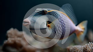 Triggerfish with a vibrant pattern of blue, yellow, and white.