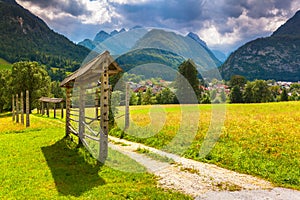 Triglav mountain range, view from the Gozd Martuljek village, Julian Alps, Slovenia.