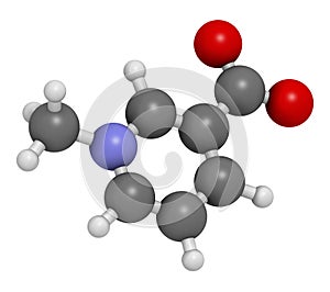 Trigonelline molecule. Metabolite of niacin (vitamin B3) but also found in a number of plants, including fenugreek. 3D rendering.