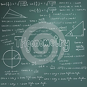 Trigonometry law theory and mathematical formula equation, doodle handwriting icon in blackboard background with