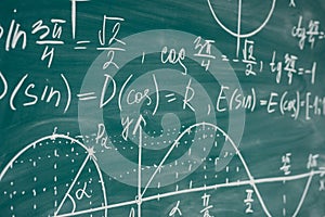 Trigonometry. School Chalkboard Function graphs Math lesson. photo