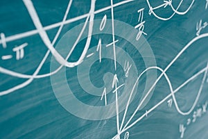 Trigonometry. School Chalkboard Function graphs Math lesson.