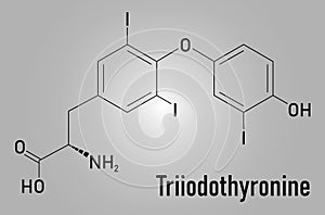 Triiodothyronine or T3, liothyronine, thyroid hormone molecule. Pituitary gland hormone. Skeletal formula. photo