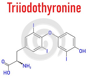 Triiodothyronine or T3, liothyronine, thyroid hormone molecule. Pituitary gland hormone. Skeletal formula. photo