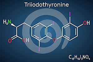 Triiodothyronine, T3, liothyronine molecule. It is thyroid hormone, pituitary gland hormone, used to treat hypothyroidism.