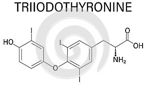 Triiodothyronine or T3, liothyronine, thyroid hormone molecule. Pituitary gland hormone. Skeletal formula.