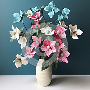 Trillium Arrangement: 3d Paper Flowers In Dark Pink And Light Cyan