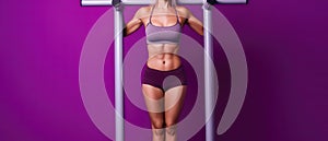 Trim Young Woman In Fitness Rack On Purple Background With Copy Space. Generative AI