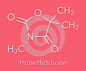 Trimethadione anticonvulsant drug molecule. Used in treatment of seizures. Skeletal formula.