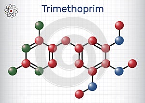 Trimethoprim, TMP molecule. Antibiotic used to treat of infections of urinary, respiratory, gastrointestinal tracts. Structural