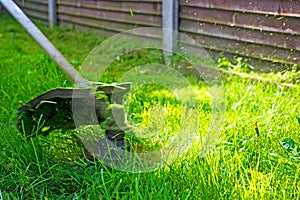 Trimmer mows the grown grass on the lawn, against the sun,