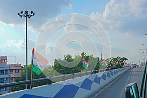 Trinamool Congress flags waving in air, Kolkata, West Bengal, India