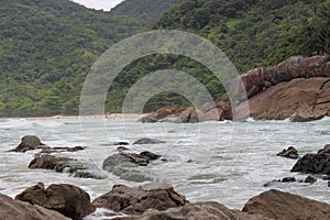 Trindade, Paraty/Rio de Janeiro/Brazil - 01-19-2020: Praia do Meio beach. Strong waves, dangerous sea, drowning risk