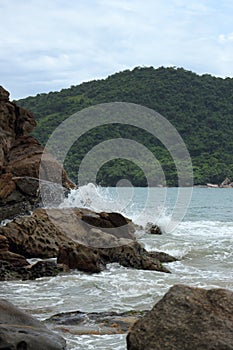 Trindade, Paraty/Rio de Janeiro/Brazil - 01-19-2020: Praia do Meio beach. Strong waves, dangerous sea, drowning risk