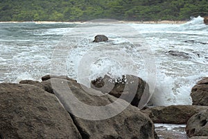 Trindade, Paraty/Rio de Janeiro/Brazil - 01-19-2020: Praia do Meio beach. Strong waves, dangerous sea, drowning risk