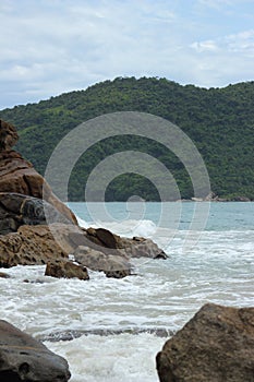 Trindade, Paraty/Rio de Janeiro/Brazil - 01-19-2020: Praia do Meio beach. Strong waves, dangerous sea, drowning risk