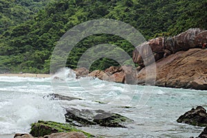 Trindade, Paraty/Rio de Janeiro/Brazil - 01-19-2020: Praia do Meio beach. Strong waves, dangerous sea, drowning risk