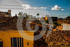 Trinidad, Cuba. Local street in the old Cuban city. The view from the top. Tiled roof of houses.