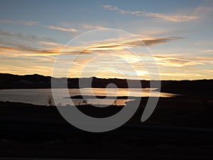 Trinidad Lake in Colorado at dusk.