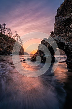 Trinidad State Beach, California at Sunset with Rock Arch