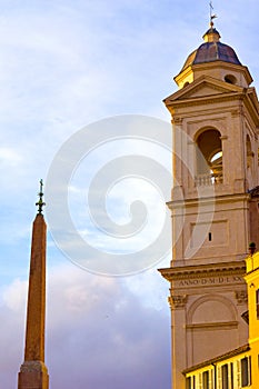 Trinita Dei Monti chruch and egyptian obelisk in Piazza di Spagna, Rome, Italy