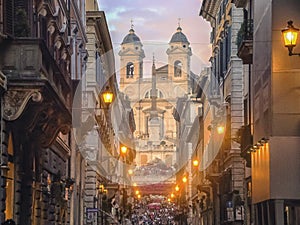 Trinita di monti church on the top of spanish stairs in Rome