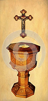 Trinitarian cross with body of Christ with baptism font