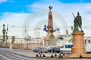 Trinity bridge and obelisks on  Bridge in day time. Saint Petersburg. Russia