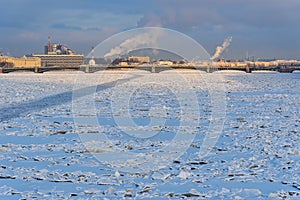 Trinity Bridge over frozen Neva River. Saint Petersburg. Russia