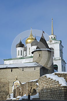 Trinity cathedral Pskov. Kremlin Russia. Ancient fortress on the river bank