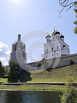 Trinity Cathedral, Pskov, Russia. Pskov Krom or Kremlin. Ancient fortress. Domes. Famous place. Travelling. Russian tourist