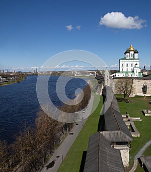 Trinity Cathedral and the wall in Pskov Krom, Pskov city, Russia