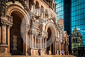 Trinity Church and the John Hancock Building in Boston, Massachusetts.