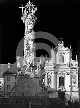 Trinity column and franciscion Church St. PÃ¶lten in black and white