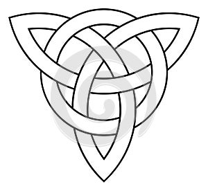 Trinity knot in black contour. Celtic symbol also known as Triquetra. Isolated background.